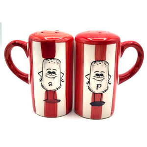 Vintage Retro Salt Pepper Shakers Red White Striped Ceramic 4" Stoppers Handles